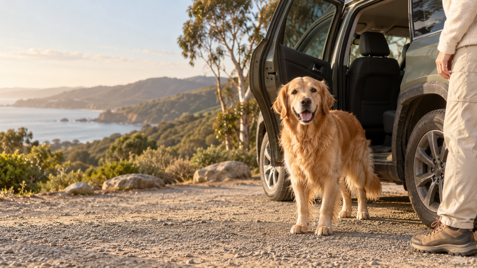 Illustrated coastal rest stop with a golden dog beside a parked SUV.